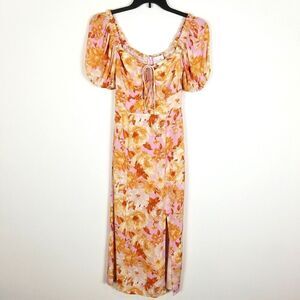 Charles Henry Women Floral Puff Sleeve Midi Dress Size XS Short Sleeve Slit
